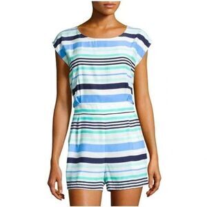Sail to Sable Blue Silk Charm Striped Women Romper Zip Close M